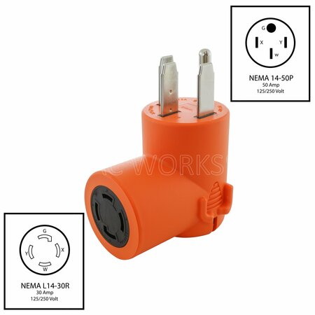 Ac Works 4-Prong NEMA 14-50P Plug to 4-Prong 30A Locking NEMA L14-30R Adapter AD1450L1430